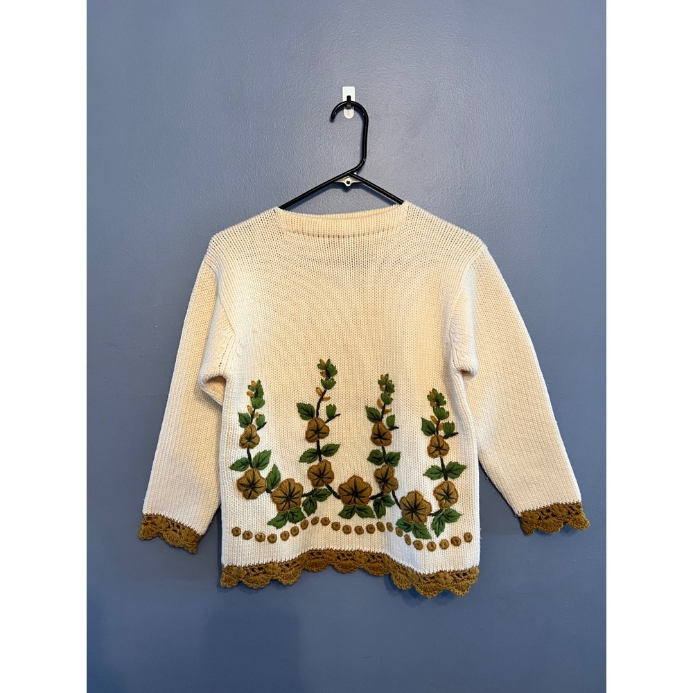 Vintage Woman's Tai Kwong 100% Wool Hand Knitted Cream‎ Floral Cardigan SZ 36/M